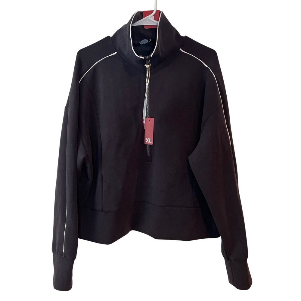 Member's Mark Half Zip Pullover Womens XL‎ Black NEW Sandwash Athletic Piping